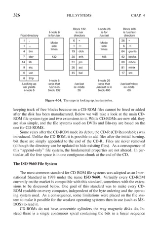 326 FILE SYSTEMS CHAP. 4
Root directory
I-node 6
is for /usr
Block 132
is /usr
directory
I-node 26
is for
/usr/ast
Block 406
is /usr/ast
directory
Looking up
usr yields
i-node 6
I-node 6
says that
/usr is in
block 132
/usr/ast
is i-node
26
/usr/ast/mbox
is i-node
60
I-node 26
says that
/usr/ast is in
block 406
1
1
4
7
14
9
6
8
.
..
bin
dev
lib
etc
usr
tmp
6
1
19
30
51
26
45
dick
erik
jim
ast
bal
26
6
64
92
60
81
17
grants
books
mbox
minix
src
Mode
size
times
132
Mode
size
times
406
Figure 4-34. The steps in looking up /usr/ast/mbox.
keeping track of free blocks because on a CD-ROM files cannot be freed or added
after the disk has been manufactured. Below we will take a look at the main CD-
ROM file system type and two extensions to it. While CD-ROMs are now old, they
are also simple, and the file systems used on DVDs and Blu-ray are based on the
one for CD-ROMS.
Some years after the CD-ROM made its debut, the CD-R (CD Recordable) was
introduced. Unlike the CD-ROM, it is possible to add files after the initial burning,
but these are simply appended to the end of the CD-R. Files are never removed
(although the directory can be updated to hide existing files). As a consequence of
this ‘‘append-only’’ file system, the fundamental properties are not altered. In par-
ticular, all the free space is in one contiguous chunk at the end of the CD.
The ISO 9660 File System
The most common standard for CD-ROM file systems was adopted as an Inter-
national Standard in 1988 under the name ISO 9660. Virtually every CD-ROM
currently on the market is compatible with this standard, sometimes with the exten-
sions to be discussed below. One goal of this standard was to make every CD-
ROM readable on every computer, independent of the byte ordering and the operat-
ing system used. As a consequence, some limitations were placed on the file sys-
tem to make it possible for the weakest operating systems then in use (such as MS-
DOS) to read it.
CD-ROMs do not have concentric cylinders the way magnetic disks do. In-
stead there is a single continuous spiral containing the bits in a linear sequence
 