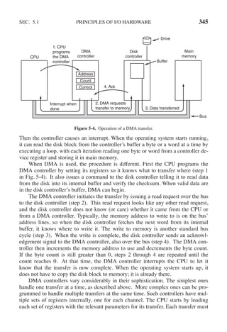 SEC. 5.1 PRINCIPLES OF I/O HARDWARE 345
CPU
DMA
controller
Disk
controller
Main
memory
Buffer
1. CPU
programs
the DMA
controller
Interrupt when
done
2. DMA requests
transfer to memory 3. Data transferred
Bus
4. Ack
Address
Count
Control
Drive
Figure 5-4. Operation of a DMA transfer.
Then the controller causes an interrupt. When the operating system starts running,
it can read the disk block from the controller’s buffer a byte or a word at a time by
executing a loop, with each iteration reading one byte or word from a controller de-
vice register and storing it in main memory.
When DMA is used, the procedure is different. First the CPU programs the
DMA controller by setting its registers so it knows what to transfer where (step 1
in Fig. 5-4). It also issues a command to the disk controller telling it to read data
from the disk into its internal buffer and verify the checksum. When valid data are
in the disk controller’s buffer, DMA can begin.
The DMA controller initiates the transfer by issuing a read request over the bus
to the disk controller (step 2). This read request looks like any other read request,
and the disk controller does not know (or care) whether it came from the CPU or
from a DMA controller. Typically, the memory address to write to is on the bus’
address lines, so when the disk controller fetches the next word from its internal
buffer, it knows where to write it. The write to memory is another standard bus
cycle (step 3). When the write is complete, the disk controller sends an acknowl-
edgement signal to the DMA controller, also over the bus (step 4). The DMA con-
troller then increments the memory address to use and decrements the byte count.
If the byte count is still greater than 0, steps 2 through 4 are repeated until the
count reaches 0. At that time, the DMA controller interrupts the CPU to let it
know that the transfer is now complete. When the operating system starts up, it
does not have to copy the disk block to memory; it is already there.
DMA controllers vary considerably in their sophistication. The simplest ones
handle one transfer at a time, as described above. More complex ones can be pro-
grammed to handle multiple transfers at the same time. Such controllers have mul-
tiple sets of registers internally, one for each channel. The CPU starts by loading
each set of registers with the relevant parameters for its transfer. Each transfer must
 