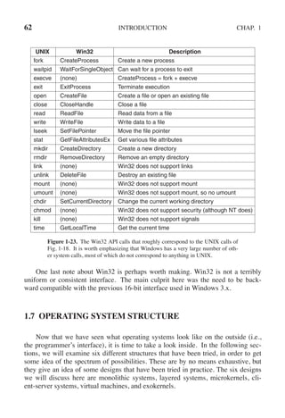 62 INTRODUCTION CHAP. 1
UNIX Win32 Description
fork CreateProcess Create a new process
waitpid WaitForSingleObject Can wait for a process to exit
execve (none) CreateProcess = fork + execve
exit ExitProcess Terminate execution
open CreateFile Create a file or open an existing file
close CloseHandle Close a file
read ReadFile Read data from a file
write WriteFile Write data to a file
lseek SetFilePointer Move the file pointer
stat GetFileAttributesEx Get various file attributes
mkdir CreateDirectory Create a new directory
rmdir RemoveDirectory Remove an empty directory
link (none) Win32 does not support links
unlink DeleteFile Destroy an existing file
mount (none) Win32 does not support mount
umount (none) Win32 does not support mount, so no umount
chdir SetCurrentDirectory Change the current working directory
chmod (none) Win32 does not support security (although NT does)
kill (none) Win32 does not support signals
time GetLocalTime Get the current time
Figure 1-23. The Win32 API calls that roughly correspond to the UNIX calls of
Fig. 1-18. It is worth emphasizing that Windows has a very large number of oth-
er system calls, most of which do not correspond to anything in UNIX.
One last note about Win32 is perhaps worth making. Win32 is not a terribly
uniform or consistent interface. The main culprit here was the need to be back-
ward compatible with the previous 16-bit interface used in Windows 3.x.
1.7 OPERATING SYSTEM STRUCTURE
Now that we have seen what operating systems look like on the outside (i.e.,
the programmer’s interface), it is time to take a look inside. In the following sec-
tions, we will examine six different structures that have been tried, in order to get
some idea of the spectrum of possibilities. These are by no means exhaustive, but
they give an idea of some designs that have been tried in practice. The six designs
we will discuss here are monolithic systems, layered systems, microkernels, cli-
ent-server systems, virtual machines, and exokernels.
 