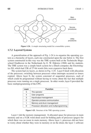 64 INTRODUCTION CHAP. 1
Main
procedure
Service
procedures
Utility
procedures
Figure 1-24. A simple structuring model for a monolithic system.
1.7.2 Layered Systems
A generalization of the approach of Fig. 1-24 is to organize the operating sys-
tem as a hierarchy of layers, each one constructed upon the one below it. The first
system constructed in this way was the THE system built at the Technische Hoge-
school Eindhoven in the Netherlands by E. W. Dijkstra (1968) and his students.
The THE system was a simple batch system for a Dutch computer, the Electrolog-
ica X8, which had 32K of 27-bit words (bits were expensive back then).
The system had six layers, as shown in Fig. 1-25. Layer 0 dealt with allocation
of the processor, switching between processes when interrupts occurred or timers
expired. Above layer 0, the system consisted of sequential processes, each of
which could be programmed without having to worry about the fact that multiple
processes were running on a single processor. In other words, layer 0 provided the
basic multiprogramming of the CPU.
Layer Function
5 The operator
4 User programs
3 Input/output management
2 Operator-process communication
1 Memory and drum management
0 Processor allocation and multiprogramming
Figure 1-25. Structure of the THE operating system.
Layer 1 did the memory management. It allocated space for processes in main
memory and on a 512K word drum used for holding parts of processes (pages) for
which there was no room in main memory. Above layer 1, processes did not have
to worry about whether they were in memory or on the drum; the layer 1 software
 