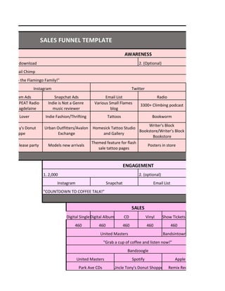 Digital SingleDigital Album CD Vinyl Show Tickets
460 460 460 460 460
Bandsintown
Pre-Order download
Music Lover Indie Fashion/Thrifting Tattoos Bookworm
Instagram Twitter
Email List RadioInstagram Ads Snapchat Ads
"COUNTDOWN TO COFFEE TALK!"
"Grab a cup of coffee and listen now!"
United Masters
Exclusive release party
1. 2,000 2. (optional)
Instagram Snapchat Email List
ENGAGEMENT
Models new arrivals
Themed feature for flash
sale tattoo pages
SALES FUNNEL TEMPLATE
Posters in store
Writer's Block
Bookstore/Writer's Block
Bookstore
TRL ALT REPEAT Radio
show w Magdelaine
Indie is Not a Genre
music reviewer
Various Small Flames
blog
3300+ Climbing podcast
ompany: Mail Chimp
AWARENESS
Welcome to the Flamingo Family!"
2. (Optional)
Bandzoogle
United Masters Spotify Apple Music
Park Ave CDs Uncle Tony's Donut Shoppe
SALES
Remix Record Shop
Urban Outfitters/Avalon
Exchange
Homesick Tattoo Studio
and Gallery
Uncle Tony's Donut
Shoppe
 