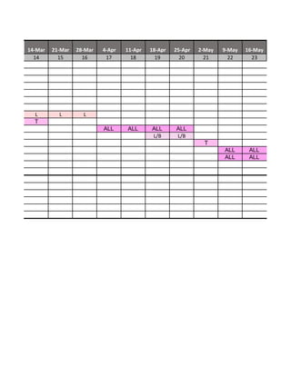 14-Mar 21-Mar 28-Mar 4-Apr 11-Apr 18-Apr 25-Apr 2-May 9-May 16-May
14 15 16 17 18 19 20 21 22 23
L L L
T
ALL ALL ALL ALL
L/B L/B
T
ALL ALL
ALL ALL
 