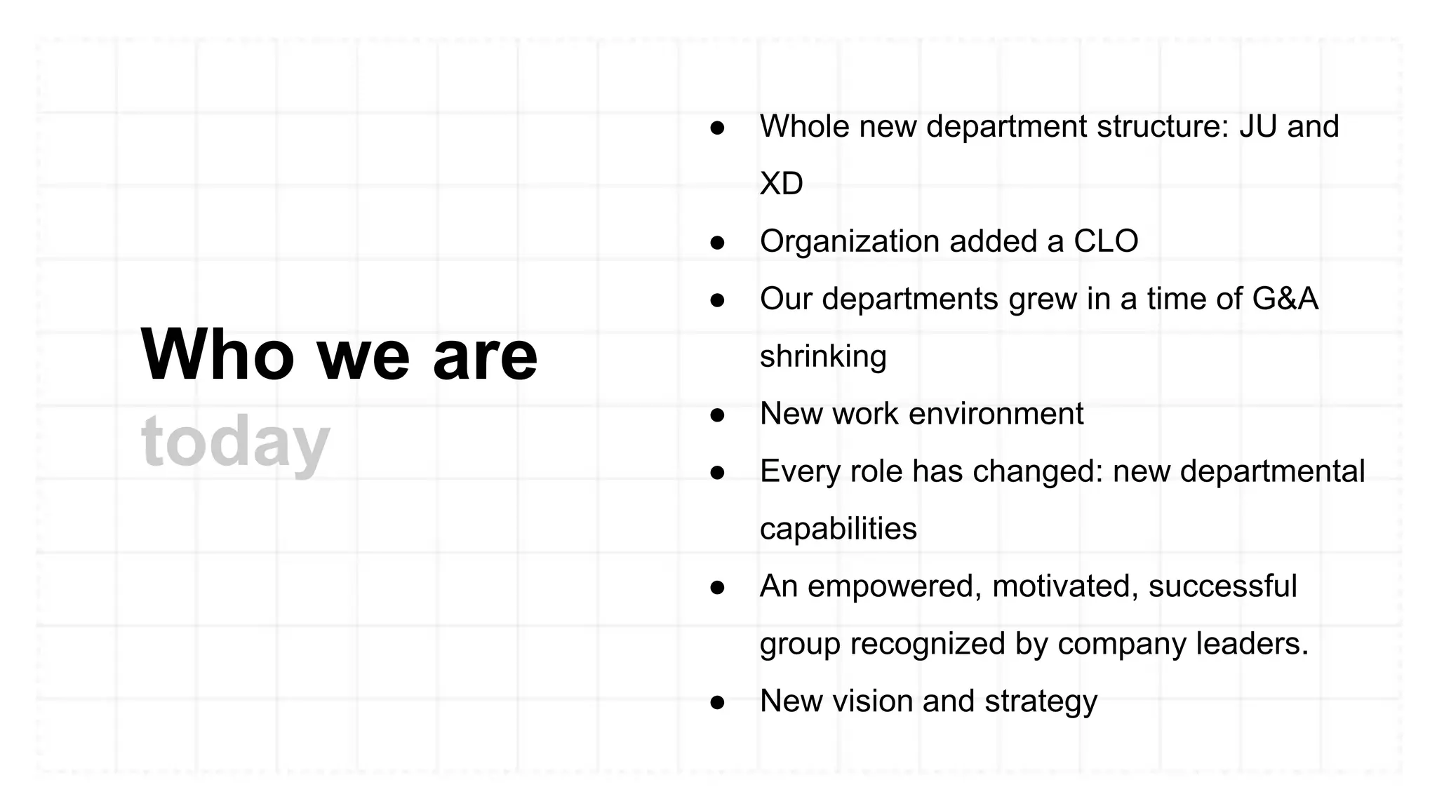 Who we are
today
● Whole new department structure: JU and
XD
● Organization added a CLO
● Our departments grew in a time of G&A
shrinking
● New work environment
● Every role has changed: new departmental
capabilities
● An empowered, motivated, successful
group recognized by company leaders.
● New vision and strategy
 