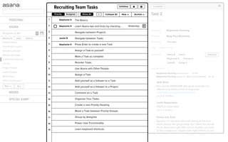 Complete
Task 2
add notes
Assignee
Projects
Due Date
Tags | Attach a File
Followers
Activity Feed
Stephanie Hornung
Blog Post Roadmap
Jackie B Jack S
Stephanie H Theresa S
Justin R Kenny Z
Thursday
Unfollow
×
Stephanie Hornung created task. Jul 20
Stephanie Hornung added to Blog Post Roadmap. Jul 20
Jack Stahl
this sounds AWESOME btw good example of a
diﬀerent but related kind of blog post:
http://www.artypapers.com/ap.log...
Jul 21 at 12:08am
Jul 21 at 9:51pm
Justin Rosenstein
YESPLZ! Great idea.
Kenny Van Zant
Agreed. I'm not sure when the timing of the ﬁrst
visual design will get pushed, but I think this would
be an ideal post right after we've pushed out some
of the changes (or maybe even right before, to set
PERSONAL
MEEBO
SPECIAL KAMP
ASANA
Getting Started
New Project Launch
New Ad Campaign
Website Redesign
Conference Planning
List Fun
Project Project
Interior Design
Wooty Woot
Oﬃce Coordination
PROJECTS TAGS PEOPLE
Assigned to Me 3
New  
Recruiting Team Tasks Unfollow  
1
2
3
4
5
6
7
8
9
10
11
12
13
14
15
16
17
18
19
Priority Assignee Show All » Collapse All Archive New 
Stephanie H
Stephanie H
Jackie B
Stephanie H
Yesterday
The Basics:
Learn Asana tips and tricks by checking ...
Navigate between Projects
Navigate between Tasks
Press Enter to create a new Task
Assign a Task to yourself
Mark a Task as complete
Reorder Tasks
Use Asana with Other People:
Assign a Task
Add yourself as a follower to a Task
Add yourself as a follower to a Project
Comment on a Task
Organize Your Tasks:
Create a new Priority Heading
Move a Task between Priority Groups
Group by Assignee
Power User Functionality:
Learn keyboard shortcuts
 