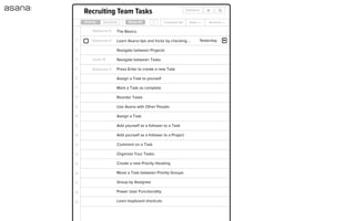 Complete
Task 2
add notes
Assignee
Projects
Due Date
Tags | Attach a File
Followers
Activity Feed
Stephanie Hornung
Blog Post Roadmap
Jackie B Jack S
Stephanie H Theresa S
Justin R Kenny Z
Thursday
Unfollow
×
Stephanie Hornung created task. Jul 20
Stephanie Hornung added to Blog Post Roadmap. Jul 20
Jack Stahl
this sounds AWESOME btw good example of a
diﬀerent but related kind of blog post:
http://www.artypapers.com/ap.log...
Jul 21 at 12:08am
Jul 21 at 9:51pm
Justin Rosenstein
YESPLZ! Great idea.
Kenny Van Zant
Agreed. I'm not sure when the timing of the ﬁrst
visual design will get pushed, but I think this would
be an ideal post right after we've pushed out some
of the changes (or maybe even right before, to set
PERSONAL
MEEBO
SPECIAL KAMP
ASANA
Getting Started
New Project Launch
New Ad Campaign
Website Redesign
Conference Planning
List Fun
Project Project
Interior Design
Wooty Woot
Oﬃce Coordination
PROJECTS TAGS PEOPLE
Assigned to Me 3
New  
Unfollow  
1
2
3
4
5
6
7
8
9
10
11
12
13
14
15
16
17
18
19
Priority Assignee Show All » Collapse All Archive New 
Stephanie H
Stephanie H
Jackie B
Stephanie H
Recruiting Team Tasks
Yesterday
The Basics:
Learn Asana tips and tricks by checking ...
Navigate between Projects
Navigate between Tasks
Press Enter to create a new Task
Assign a Task to yourself
Mark a Task as complete
Reorder Tasks
Use Asana with Other People:
Assign a Task
Add yourself as a follower to a Task
Add yourself as a follower to a Project
Comment on a Task
Organize Your Tasks:
Create a new Priority Heading
Move a Task between Priority Groups
Group by Assignee
Power User Functionality:
Learn keyboard shortcuts
 