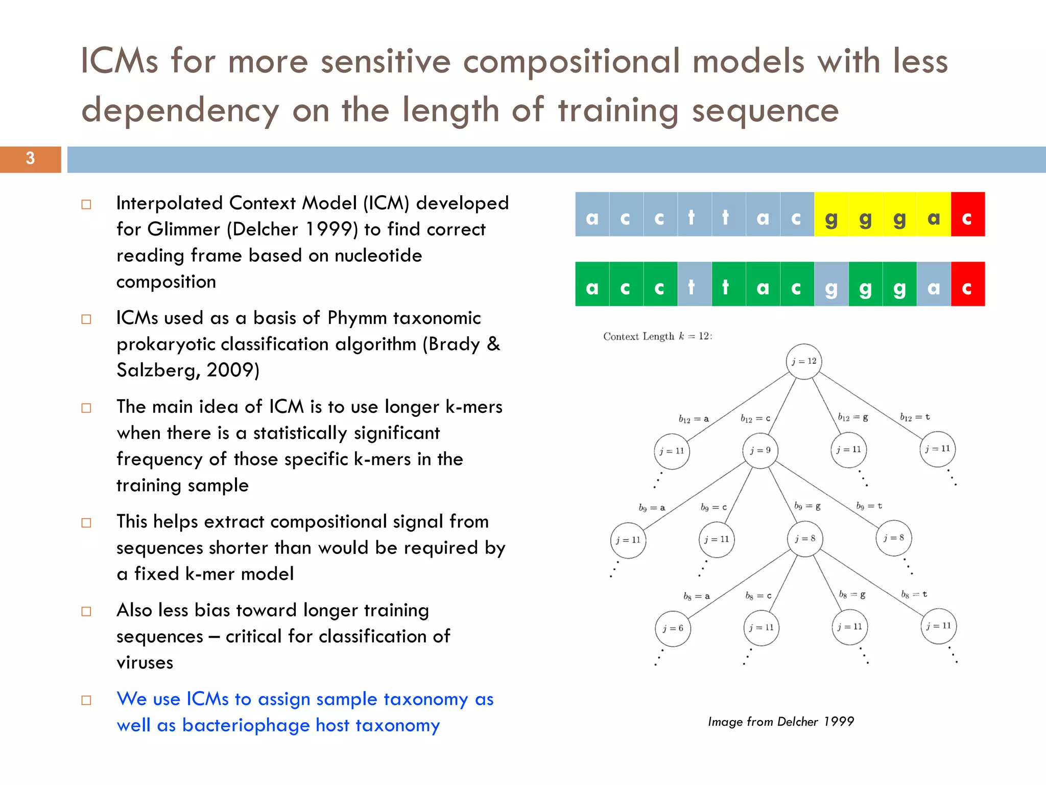 ICMs for more sensitive compositional models with less
    dependency on the length of training sequence
3

       Interpolated Context Model (ICM) developed
        for Glimmer (Delcher 1999) to find correct      a c c t     t    a c g g g a c
        reading frame based on nucleotide
        composition                                     a c c t     t    a c g g g a c
       ICMs used as a basis of Phymm taxonomic
        prokaryotic classification algorithm (Brady &
        Salzberg, 2009)
       The main idea of ICM is to use longer k-mers
        when there is a statistically significant
        frequency of those specific k-mers in the
        training sample
       This helps extract compositional signal from
        sequences shorter than would be required by
        a fixed k-mer model
       Also less bias toward longer training
        sequences – critical for classification of
        viruses
       We use ICMs to assign sample taxonomy as
        well as bacteriophage host taxonomy                       Image from Delcher 1999
 