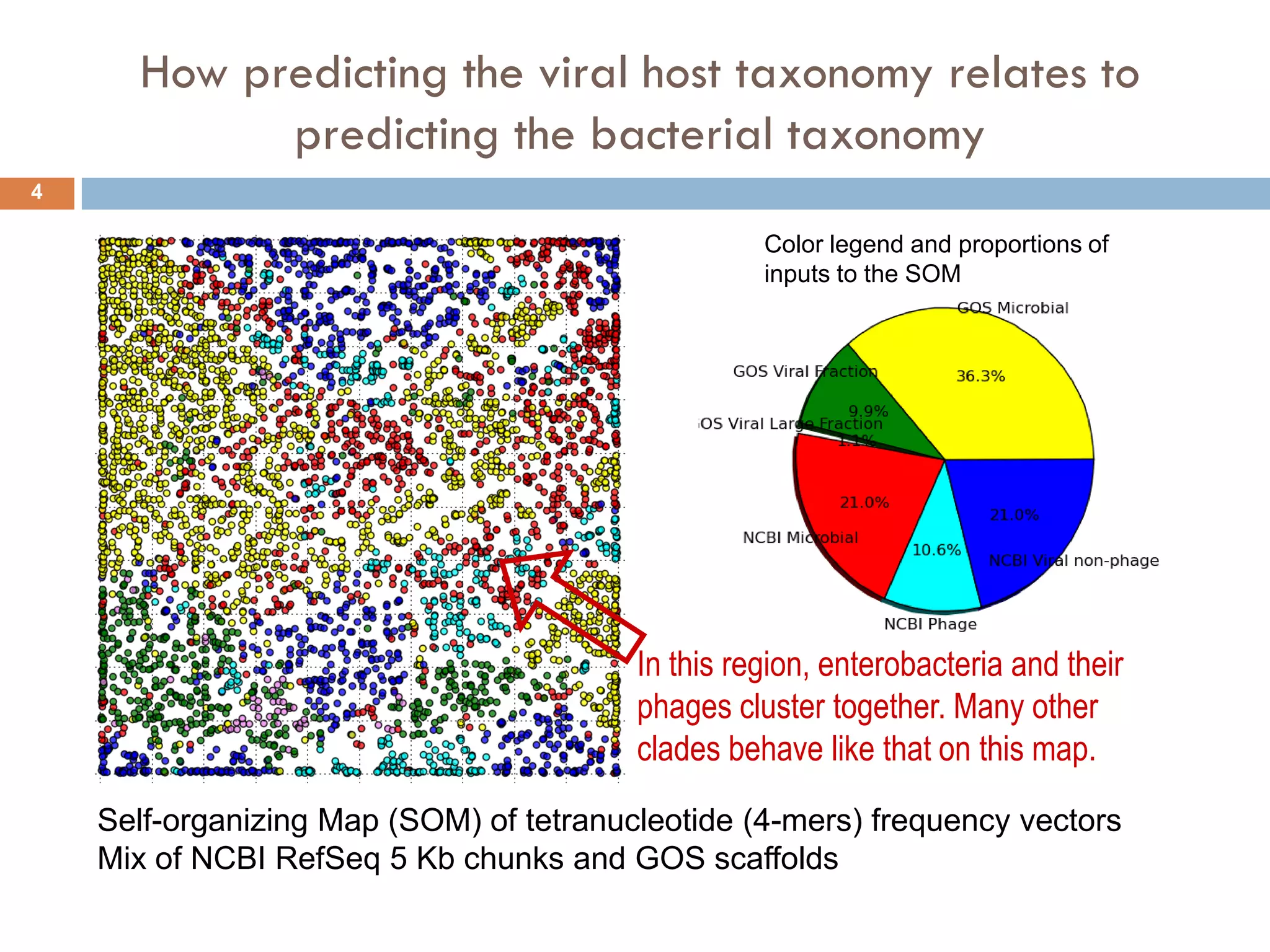How predicting the viral host taxonomy relates to
            predicting the bacterial taxonomy
4

                                                   Color legend and proportions of
                                                   inputs to the SOM




                                         In this region, enterobacteria and their
                                         phages cluster together. Many other
                                         clades behave like that on this map.
    Self-organizing Map (SOM) of tetranucleotide (4-mers) frequency vectors
    Mix of NCBI RefSeq 5 Kb chunks and GOS scaffolds
 