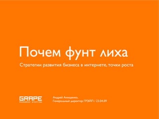 Почем фунт лиха
Стратегии развития бизнеса в интернете, точки роста




              Андрей Анищенко,
              Генеральный директор ГРЭЙП / 23.04.09
 