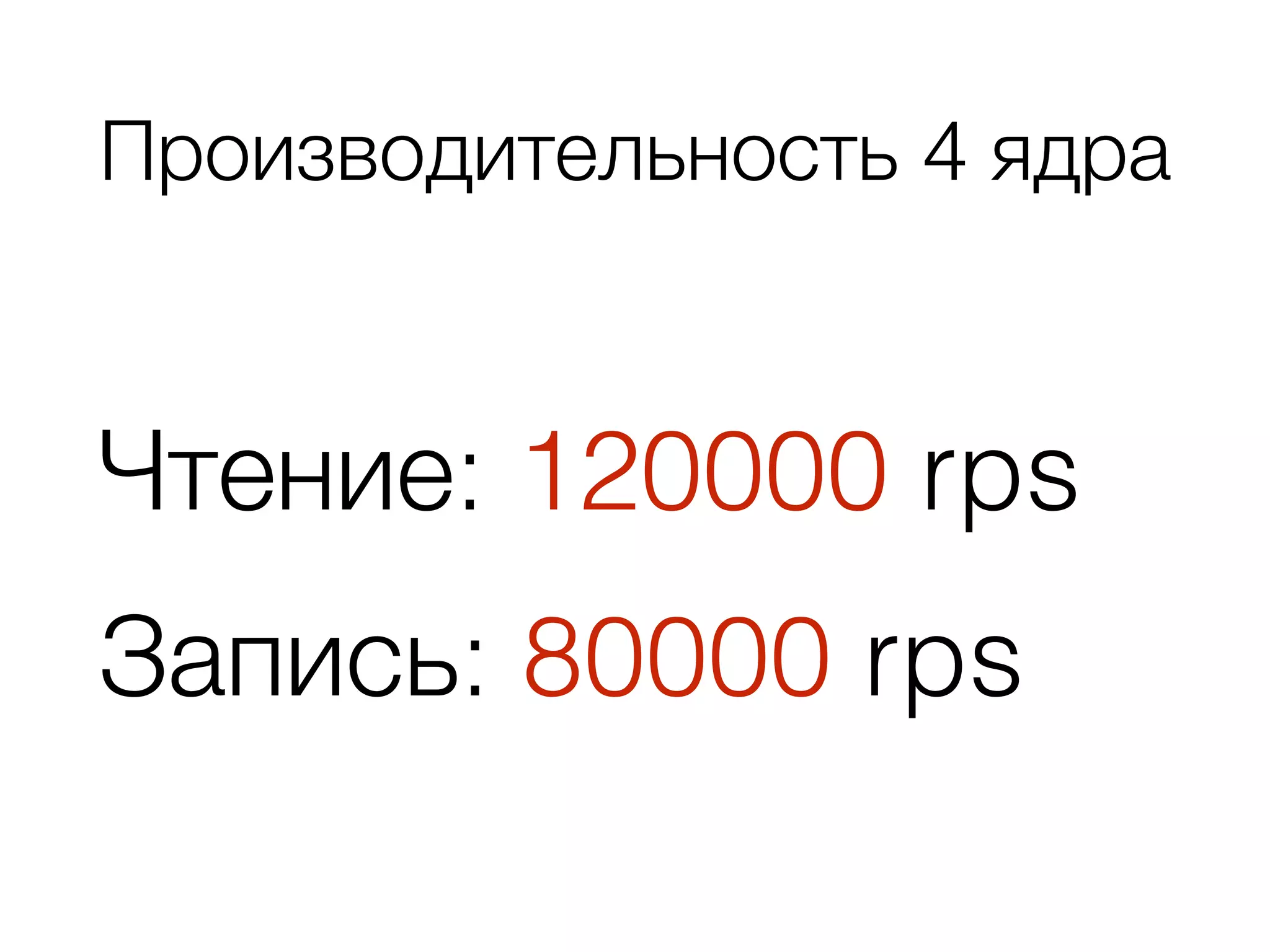 Производительность 4 ядра
Чтение: 120000 rps
Запись: 80000 rps
 