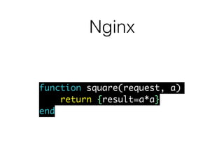 Nginx
function square(request, a)
return {result=a*a}
end
 