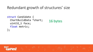 Redundant growth of structures’ size
struct Candidate {
ChartBuildData *chart;
uint32_t face;
float metric;
};
16 bytes
 