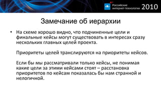 Замечание об иерархии
• На схеме хорошо видно, что подчиненные цели и
  финальные кейсы могут существовать в интересах сразу
  нескольких главных целей проекта.
  Приоритеты целей транслируются на приоритеты кейсов.
  Если бы мы рассматривали только кейсы, не понимая
  какие цели за этими кейсами стоят – расстановка
  приоритетов по кейсам показалась бы нам странной и
  нелогичной.
 