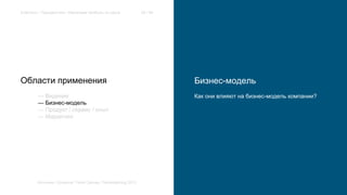 Extension / Трендвотчинг. Извлекаем прибыль из хаоса 29 / 64 
Области применения 
— Видение 
— Бизнес-модель 
— Продукт / сервис / опыт 
— Маркетинг 
Источник: Consumer Trend Canvas, Trendwatching 2013 
Бизнес-модель 
Как они влияют на бизнес-модель компании? 
 