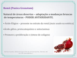 Romã (Punica Granatum)
Natural de áreas desertas – adaptação a mudanças bruscas
de temperaturas - PODER ANTIOXIDANTE.
• Ácido Elágico – presente no extrato da romã (mais usado na estética)
•Ácido gálico, protocatequínico e antocianinas
• Promove a proliferação e síntese de colágeno
Mol Nutr Food Res. 2010Jul;54 Suppl 2:S141-50. Arch Dermatol Res. 2010 Mar; 302
(2):71-83. Epub 2009 Nov 7.
 