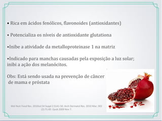 • Rica em ácidos fenólicos, flavonoides (antioxidantes)
• Potencializa os níveis de antioxidante glutationa
•Inibe a atividade da metalloproteinase 1 na matriz
•Indicado para manchas causadas pela exposição a luz solar;
inibi a ação dos melanócitos.
Obs: Está sendo usada na prevenção de câncer
de mama e próstata
Mol Nutr Food Res. 2010Jul;54 Suppl 2:S141-50. Arch Dermatol Res. 2010 Mar; 302
(2):71-83. Epub 2009 Nov 7.
 