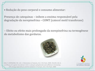• Redução do peso corporal e consumo alimentar:
Presença de catequinas – inibem a enzima responsável pela
degradação da norepinefrina – COMT (catecol metil transferase)
 Efeito ou efeito mais prolongado da norepinefrina na termogênese
do metabolismo das gorduras.
KAO, Y, HIIPAKARA, RA: LIA, S. Modulation of obesity. Am J Clin Nutr, 2000. DULOO, AG et
al. Eficacy of a green tea extract richt in catequin polyphenols and caffeine in increasing
24h energy expenditure and fat oxidation in humans. Am J Clin Nutr, 2000
 