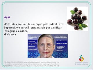 Açaí
-Pele foto envelhecida – atração pelo radical livre
Superóxido e peroxil responsáveis por danificar
colágeno e elastina.
-Pele seca
SCHAUSS, A,G; WU;X;PRIOR,R.I;et al.Antioxidant capacity and other bioactivities of the
freeze dried Amazonian palm berry, Euterpe oleraceae mart (açai) J Agric Food Chem;
STOCLET,J.C et al Vascular protecion by dietary polyphenols EurJ Pharm,v500p.299-313
 
