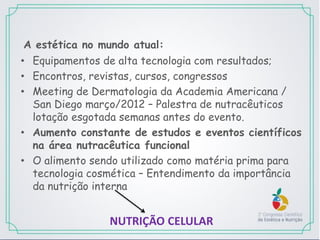 A estética no mundo atual:
• Equipamentos de alta tecnologia com resultados;
• Encontros, revistas, cursos, congressos
• Meeting de Dermatologia da Academia Americana /
San Diego março/2012 – Palestra de nutracêuticos
lotação esgotada semanas antes do evento.
• Aumento constante de estudos e eventos científicos
na área nutracêutica funcional
• O alimento sendo utilizado como matéria prima para
tecnologia cosmética – Entendimento da importância
da nutrição interna
NUTRIÇÃO CELULAR
 