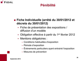 Pénibilité



       Fiche Individuelle (arrêté du 30/01/2012 et
        décrets du 30/01/2012)
             Fiche de présentation des expositions /
              diffusion d’un modèle
             Obligation effective à partir du 1er février 2012
             Mentions obligatoires :
                 –   Conditions habituelles d’exposition
                 –   Période d’exposition
                 –   Évènements particuliers ayant entrainé l’exposition
                 –   Mesures de prévention

                                                                           36
Septembre 2012
 