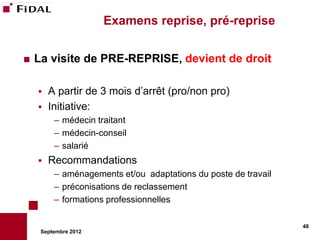 Examens reprise, pré-reprise


   La visite de PRE-REPRISE, devient de droit

       A partir de 3 mois d’arrêt (pro/non pro)
       Initiative:
         – médecin traitant
         – médecin-conseil
         – salarié
       Recommandations
         – aménagements et/ou adaptations du poste de travail
         – préconisations de reclassement
         – formations professionnelles

                                                                48
     Septembre 2012
 