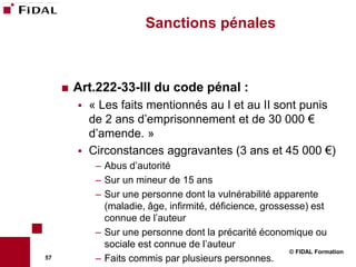 Sanctions pénales



        Art.222-33-III du code pénal :
            « Les faits mentionnés au I et au II sont punis
             de 2 ans d’emprisonnement et de 30 000 €
             d’amende. »
            Circonstances aggravantes (3 ans et 45 000 €)
              – Abus d’autorité
              – Sur un mineur de 15 ans
              – Sur une personne dont la vulnérabilité apparente
                (maladie, âge, infirmité, déficience, grossesse) est
                connue de l’auteur
              – Sur une personne dont la précarité économique ou
                sociale est connue de l’auteur
                                                            © FIDAL Formation
57            – Faits commis par plusieurs personnes.
 