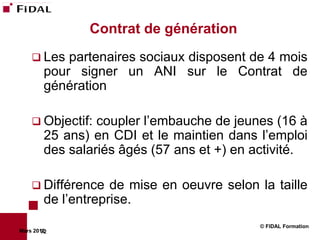 Contrat de génération
     Les   partenaires sociaux disposent de 4 mois
        pour signer un ANI sur le Contrat de
        génération

     Objectif:  coupler l’embauche de jeunes (16 à
        25 ans) en CDI et le maintien dans l’emploi
        des salariés âgés (57 ans et +) en activité.

     Différence    de mise en oeuvre selon la taille
        de l’entreprise.
                                            © FIDAL Formation
Mars 2012
        72
 