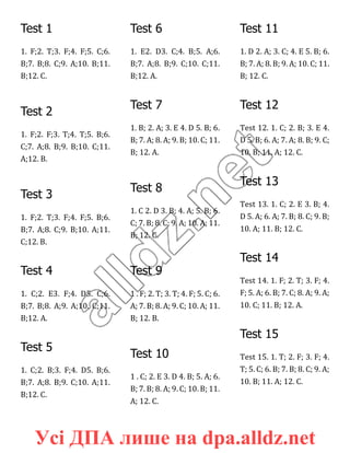 Test 1
1. F;2. T;3. F;4. F;5. C;6.
B;7. B;8. C;9. A;10. B;11.
B;12. C.
Test 2
1. F;2. F;3. T;4. T;5. B;6.
C;7. A;8. B;9. B;10. C;11.
A;12. B.
Test 3
1. F;2. T;3. F;4. F;5. B;6.
B;7. A;8. C;9. B;10. A;11.
C;12. B.
Test 4
1. C;2. E3. F;4. D5. C;6.
B;7. B;8. A;9. A;10. C;11.
B;12. A.
Test 5
1. C;2. B;3. F;4. D5. B;6.
B;7. A;8. B;9. C;10. A;11.
B;12. C.
Test 6
1. E2. D3. C;4. B;5. A;6.
B;7. A;8. B;9. C;10. C;11.
B;12. A.
Test 7
1. B; 2. A; 3. E 4. D 5. B; 6.
B; 7. A; 8. A; 9. B; 10. C; 11.
B; 12. A.
Test 8
1. C 2. D 3. B; 4. A; 5. B; 6.
C; 7. B; 8. C; 9. A; 10. A; 11.
B; 12. C.
Test 9
1 . F; 2. T; 3. T; 4. F; 5. C; 6.
A; 7. B; 8. A; 9. C; 10. A; 11.
B; 12. B.
Test 10
1 . C; 2. E 3. D 4. B; 5. A; 6.
B; 7. B; 8. A; 9. C; 10. B; 11.
A; 12. C.
Test 11
1. D 2. A; 3. C; 4. E 5. B; 6.
B; 7. A; 8. B; 9. A; 10. C; 11.
B; 12. C.
Test 12
Test 12. 1. C; 2. B; 3. E 4.
D 5. B; 6. A; 7. A; 8. B; 9. C;
10. B; 11. A; 12. C.
Test 13
Test 13. 1. C; 2. E 3. B; 4.
D 5. A; 6. A; 7. B; 8. C; 9. B;
10. A; 11. B; 12. C.
Test 14
Test 14. 1. F; 2. T; 3. F; 4.
F; 5. A; 6. B; 7. C; 8. A; 9. A;
10. C; 11. B; 12. A.
Test 15
Test 15. 1. T; 2. F; 3. F; 4.
T; 5. C; 6. B; 7. B; 8. C; 9. A;
10. B; 11. A; 12. C.
Усі ДПА лише на dpa.alldz.net
 