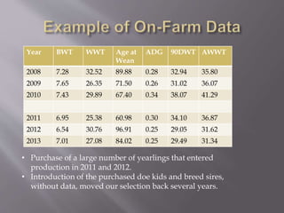 Year BWT WWT Age at
Wean
ADG 90DWT AWWT
2008 7.28 32.52 89.88 0.28 32.94 35.80
2009 7.65 26.35 71.50 0.26 31.02 36.07
2010 7.43 29.89 67.40 0.34 38.07 41.29
2011 6.95 25.38 60.98 0.30 34.10 36.87
2012 6.54 30.76 96.91 0.25 29.05 31.62
2013 7.01 27.08 84.02 0.25 29.49 31.34
• Purchase of a large number of yearlings that entered
production in 2011 and 2012.
• Introduction of the purchased doe kids and breed sires,
without data, moved our selection back several years.
 