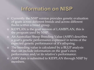  Currently the NSIP version provides genetic evaluation
of goats across different breeds and across different
ﬂocks within a breed group.
 KIDPLAN is the goat version of LAMBPLAN, this is
the program used by NSIP.
 An Australian Sheep Breeding Value (ASBV) describes
a goat’s genetic performance expressed in terms of the
expected genetic performance of it’s offspring.
 The breeding value is calculated by a BLUP analysis
that can include information on the goat’s own
performance and/or its relative’s performance.
 ASBV data is submitted to KIDPLAN through NSIP by
members.
 
