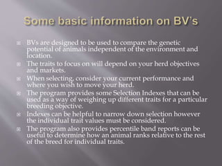  BVs are designed to be used to compare the genetic
potential of animals independent of the environment and
location.
 The traits to focus on will depend on your herd objectives
and markets.
 When selecting, consider your current performance and
where you wish to move your herd.
 The program provides some Selection Indexes that can be
used as a way of weighing up different traits for a particular
breeding objective.
 Indexes can be helpful to narrow down selection however
the individual trait values must be considered.
 The program also provides percentile band reports can be
useful to determine how an animal ranks relative to the rest
of the breed for individual traits.
 