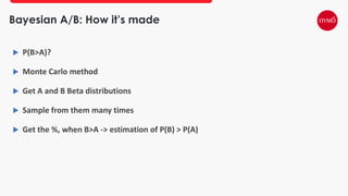 Bayesian A/B: How it’s made
 P(B>A)?
 Monte Carlo method
 Get A and B Beta distributions
 Sample from them many times
 Get the %, when B>A -> estimation of P(B) > P(A)
 