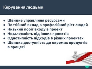 Керування людьми
● Швидке управління ресурсами
● Постійний вклад в професійний ріст людей
● Низький поріг входу в проект
● Незалежність від інших проектів
● Однотипність підходів в різних проектах
● Швидка доступність до окремих продуктів
в процесі
 