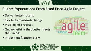 Clients Expectations From Fixed Price Agile Project
•Deliver better results
•Flexibility to absorb change
•Visibility of progress
•Get something that better meets
their needs
•Implement features early
 
