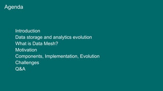 1. Introduction
2. Data storage and analytics evolution
3 What is Data Mesh?
4. Motivation
5. Components, Implementation, ...