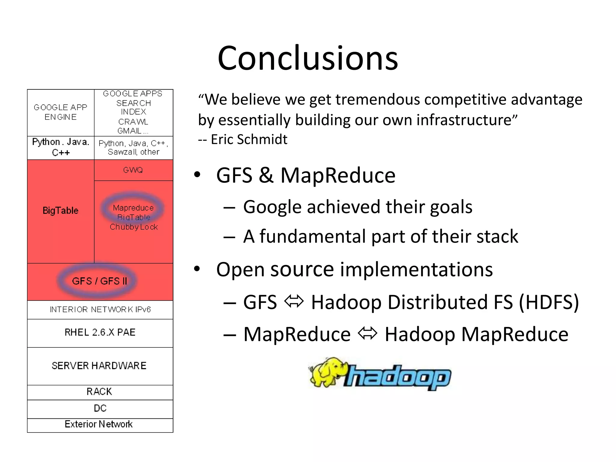 Conclusions
“We believe we get tremendous competitive advantage
by essentially building our own infrastructure”
-- Eric Schmidt

• GFS & MapReduce
   – Google achieved their goals
   – A fundamental part of their stack
• Open source implementations
   – GFS  Hadoop Distributed FS (HDFS)
   – MapReduce  Hadoop MapReduce
 
