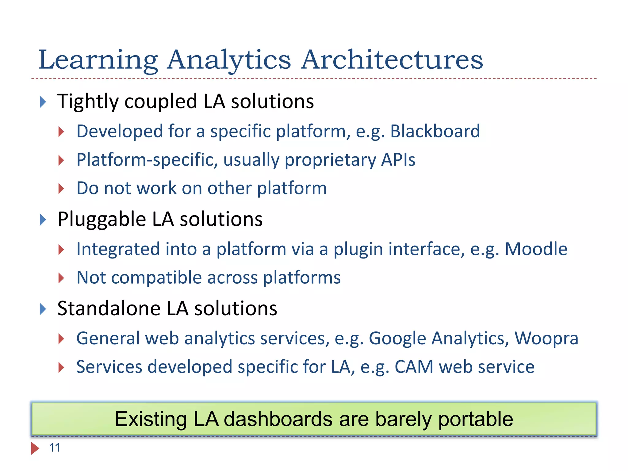  Tightly coupled LA solutions
 Developed for a specific platform, e.g. Blackboard
 Platform-specific, usually proprietary APIs
 Do not work on other platform
 Pluggable LA solutions
 Integrated into a platform via a plugin interface, e.g. Moodle
 Not compatible across platforms
 Standalone LA solutions
 General web analytics services, e.g. Google Analytics, Woopra
 Services developed specific for LA, e.g. CAM web service
Learning Analytics Architectures
11
Existing LA dashboards are barely portable
 
