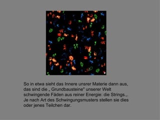 So in etwa sieht das Innere unsrer Materie dann aus, das sind die „ Grundbausteine" unserer Welt schwingende Fäden aus reiner Energie: die Strings.,. Je nach Art des Schwingungsmusters stellen sie dies oder jenes Teilchen dar.  
