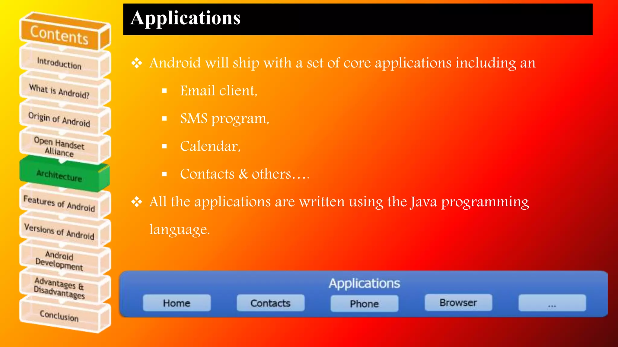 Applications 
 Android will ship with a set of core applications including an 
 Email client, 
 SMS program, 
 Calendar, 
 Contacts & others…. 
 All the applications are written using the Java programming 
language. 
 