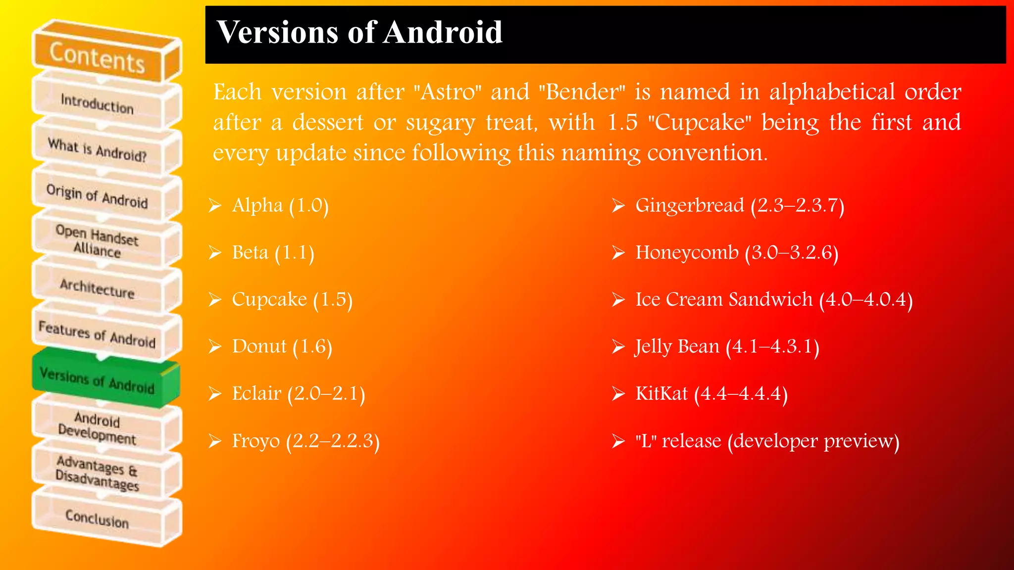 Versions of Android 
Each version after "Astro" and "Bender" is named in alphabetical order 
after a dessert or sugary treat, with 1.5 "Cupcake" being the first and 
every update since following this naming convention. 
 Alpha (1.0) 
 Beta (1.1) 
 Cupcake (1.5) 
 Donut (1.6) 
 Eclair (2.0–2.1) 
 Froyo (2.2–2.2.3) 
 Gingerbread (2.3–2.3.7) 
 Honeycomb (3.0–3.2.6) 
 Ice Cream Sandwich (4.0–4.0.4) 
 Jelly Bean (4.1–4.3.1) 
 KitKat (4.4–4.4.4) 
 "L" release (developer preview) 
 
