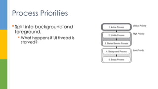 Process Priorities
 Split into background and
foreground.
 What happens if UI thread is
starved?
 