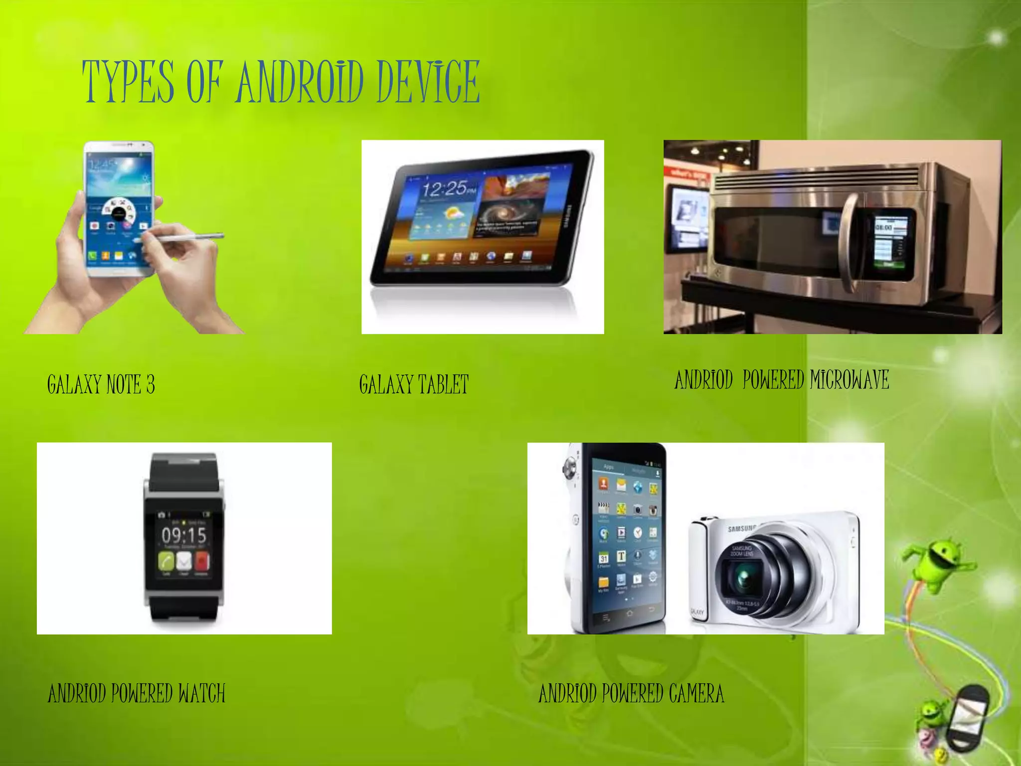 TYPES OF ANDROID DEVICE
GALAXY NOTE 3 GALAXY TABLET ANDRIOD POWERED MICROWAVE
ANDRIOD POWERED WATCH ANDRIOD POWERED CAMERA
 