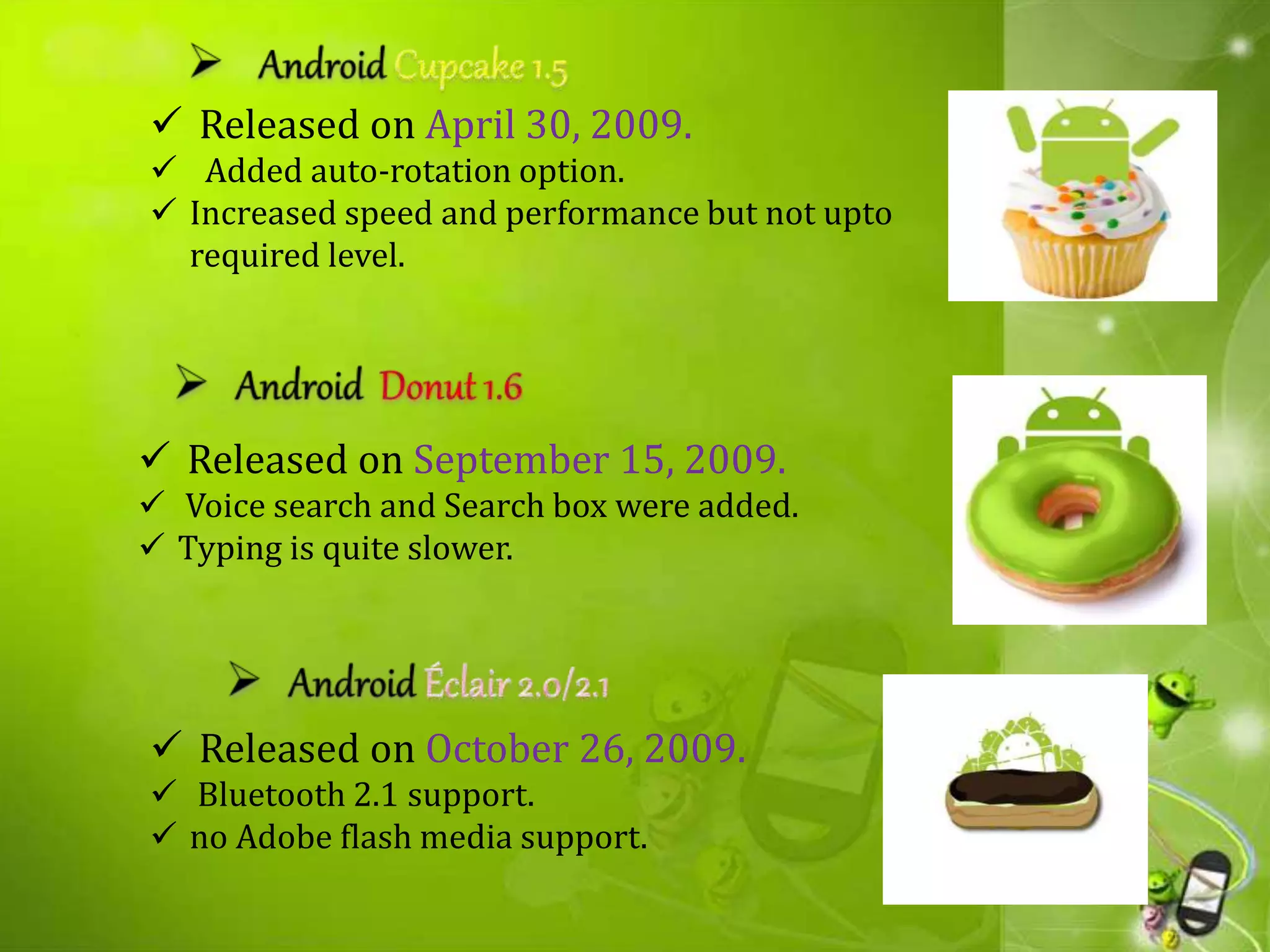 Released on April 30, 2009.
 Added auto-rotation option.
 Increased speed and performance but not upto
required level.
 Released on September 15, 2009.
 Voice search and Search box were added.
 Typing is quite slower.
 Released on October 26, 2009.
 Bluetooth 2.1 support.
 no Adobe flash media support.
 
