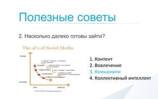 Полезные советы
2. Насколько далеко готовы зайти?



                           1. Контент
                           2. Вовлечение
                           3. Комьюнити
                           4. Коллективный интеллект
 