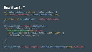 How it works ?
val lifecycleOwner = object : LifecycleOwner {
val lifecycleRegistry = LifecycleRegistry(this)
override fun getLifecycle() = lifecycleRegistry
}
lifecycleOwner.lifecycle.addObserver(
object : LifecycleObserver {
@OnLifecycleEvent(Event.ON_ANY)
fun onAny(source: LifecycleOwner, event: Event) {
// Handle incoming events
}
}
)
lifecycleOwner.lifecycleRegistry.handleLifecycleEvent(Event.ON_RESUME)
 