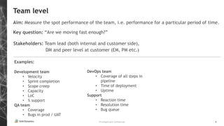 Privileged and Confidential 8
Team level
Aim: Measure the spot performance of the team, i.e. performance for a particular period of time.
Key question: “Are we moving fast enough?”
Examples:
Development team
• Velocity
• Sprint completion
• Scope creep
• Capacity
• LoC
• % support
QA team
• Coverage
• Bugs in prod / UAT
Stakeholders: Team lead (both internal and customer side),
DM and peer level at customer (EM, PM etc.)
DevOps team
• Coverage of all steps in
pipeline
• Time of deployment
• Uptime
Support
• Reaction time
• Resolution time
• Bug queue
 