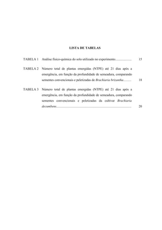 LISTA DE TABELAS


TABELA 1   Análise físico-química do solo utilizado no experimento....................                             15

TABELA 2   Número total de plantas emergidas (NTPE) até 21 dias após a
           emergência, em função da profundidade de semeadura, comparando
           sementes convencionais e peletizadas de Brachiaria brizantha..........                                  18

TABELA 3   Número total de plantas emergidas (NTPE) até 21 dias após a
           emergência, em função da profundidade de semeadura, comparando
           sementes convencionais e peletizadas da cultivar Brachiaria
           decumbens............................................................................................   20
 