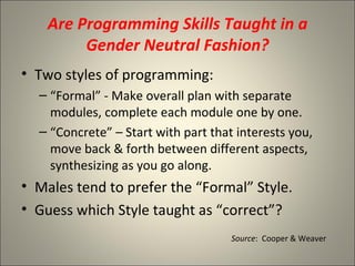 Are Programming Skills Taught in a Gender Neutral Fashion? Two styles of programming: “ Formal” - Make overall plan with separate modules, complete each module one by one. “ Concrete” – Start with part that interests you, move back & forth between different aspects, synthesizing as you go along. Males tend to prefer the “Formal” Style. Guess which Style taught as “correct”? Source :  Cooper & Weaver 