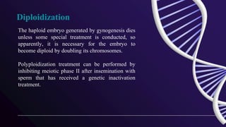 Diploidization
The haploid embryo generated by gynogenesis dies
unless some special treatment is conducted, so
apparently, it is necessary for the embryo to
become diploid by doubling its chromosomes.
Polyploidization treatment can be performed by
inhibiting meiotic phase II after insemination with
sperm that has received a genetic inactivation
treatment.
 
