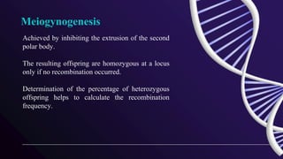 Meiogynogenesis
Achieved by inhibiting the extrusion of the second
polar body.
The resulting offspring are homozygous at a locus
only if no recombination occurred.
Determination of the percentage of heterozygous
offspring helps to calculate the recombination
frequency.
 