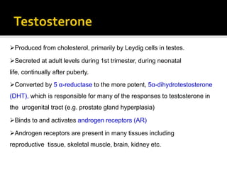 Produced from cholesterol, primarily by Leydig cells in testes.
Secreted at adult levels during 1st trimester, during neonatal
life, continually after puberty.
Converted by 5 α-reductase to the more potent, 5α-dihydrotestosterone
(DHT), which is responsible for many of the responses to testosterone in
the urogenital tract (e.g. prostate gland hyperplasia)
Binds to and activates androgen receptors (AR)
Androgen receptors are present in many tissues including
reproductive tissue, skeletal muscle, brain, kidney etc.
 